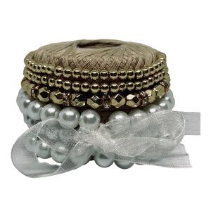 Gold Pearl and Rhinestone Elastic Bead Bracelet Stackable Bundle of Four